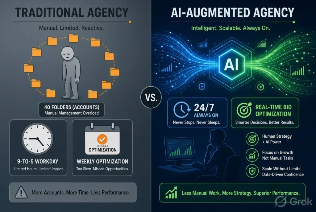 Traditional agency model (human-driven, weekly optimization, high account loads) versus AI-augmented management (24/7 algorithmic bidding with dedicated human strategy)