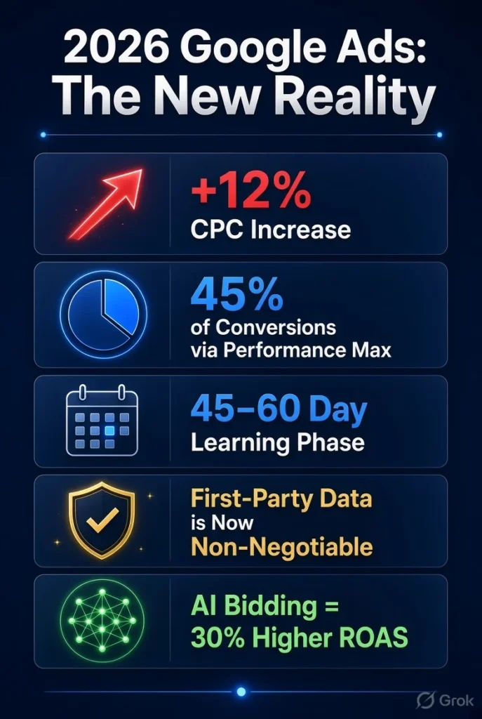 2026 Google Ads market trends: 12% CPC increase, Performance Max dominance, 45-60 day learning phase, first-party data requirements, and AI-driven bidding