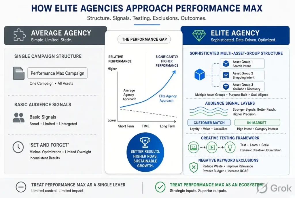 Comparison of average vs. elite Performance Max strategies showing multi-asset structures, first-party data signals, and creative testing frameworks