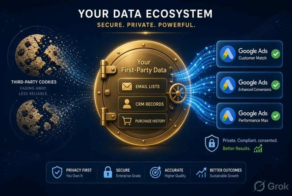 The first-party data ecosystem: CRM and email lists feeding directly into Google Ads Customer Match and Performance Max, replacing deprecated third-party cookies