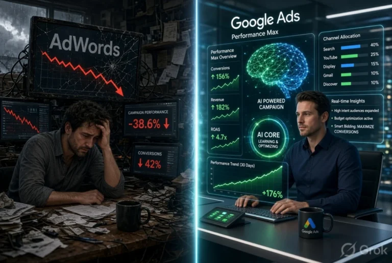 Evolution of Google Ads management: cluttered manual 2020 dashboard on the left transitions to a sleek, AI-powered Performance Max interface on the right