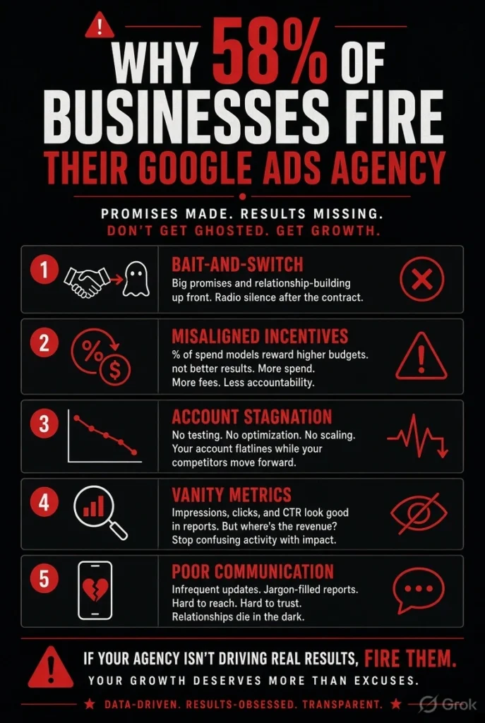 Top 5 reasons businesses fire Google Ads agencies: bait-and-switch staffing, misaligned pricing incentives, account stagnation, vanity metrics, and poor communication