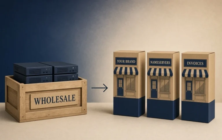Wholesale server crate on the left and three branded boxes for your brand, nameservers, and invoices which is the part of reseller hosting