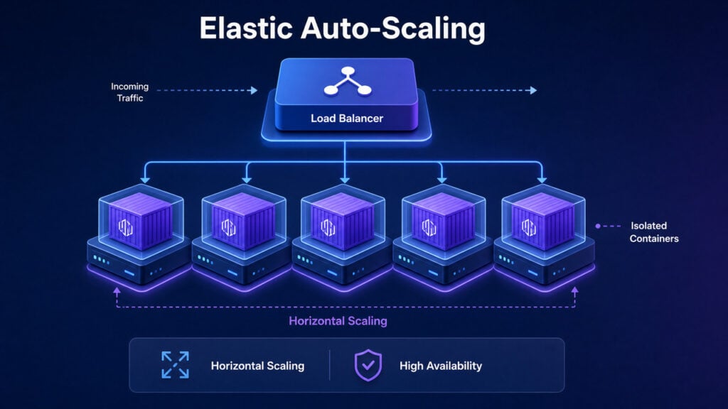 Best High-Traffic WordPress Hosting 2026: Tested by Traffic Tier 6 Elastic auto-scaling architecture for high-traffic WordPress hosting with horizontal container scaling and high availability 2026
