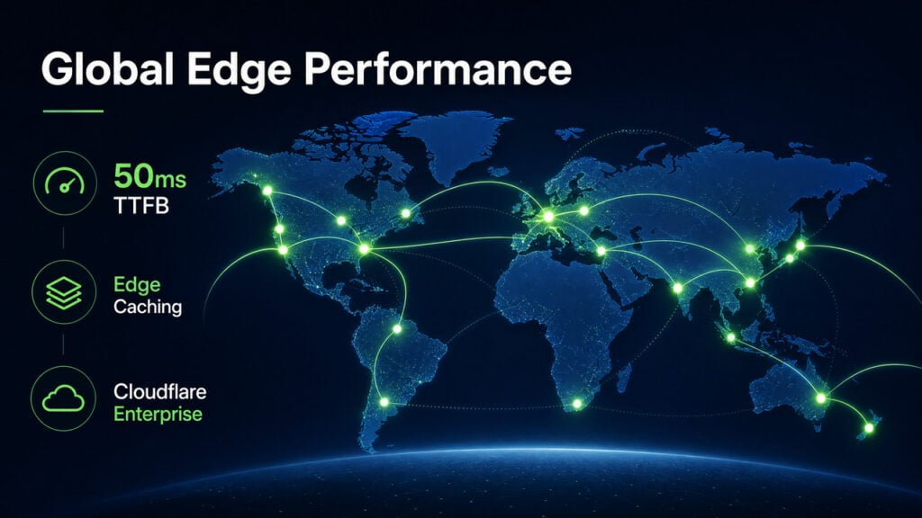 Best High-Traffic WordPress Hosting 2026: Tested by Traffic Tier 3 2026 global edge performance map for high-traffic WordPress hosting showing 50ms TTFB with Cloudflare Enterprise edge caching