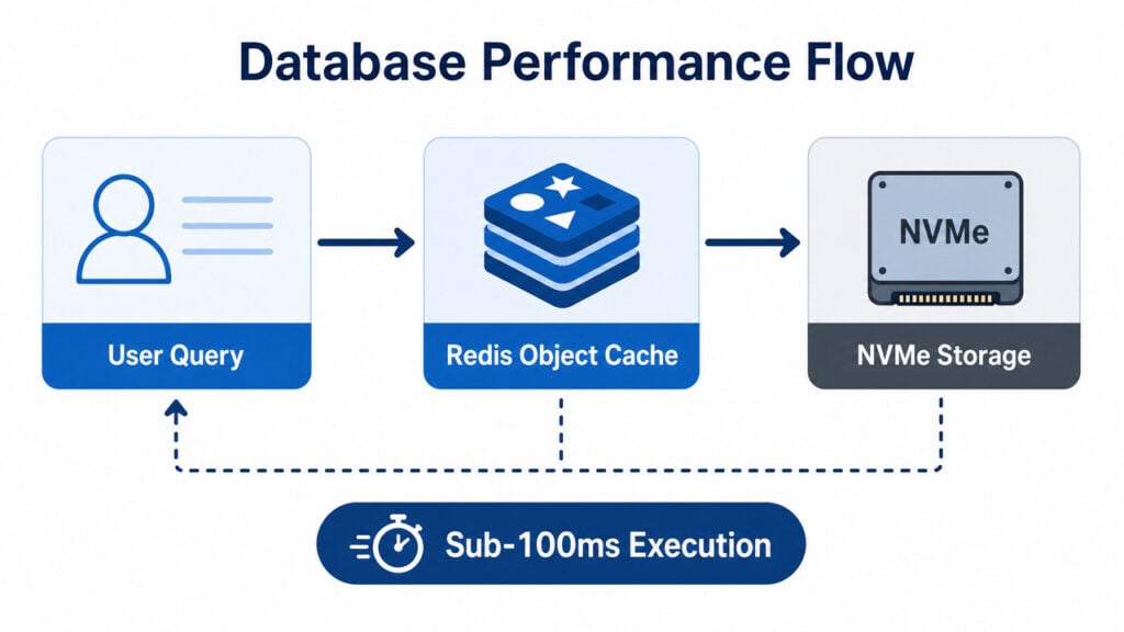 Best High-Traffic WordPress Hosting 2026: Tested by Traffic Tier 4 Optimized database performance flow for high-traffic WordPress sites using Redis Object Cache Pro and NVMe storage 2026