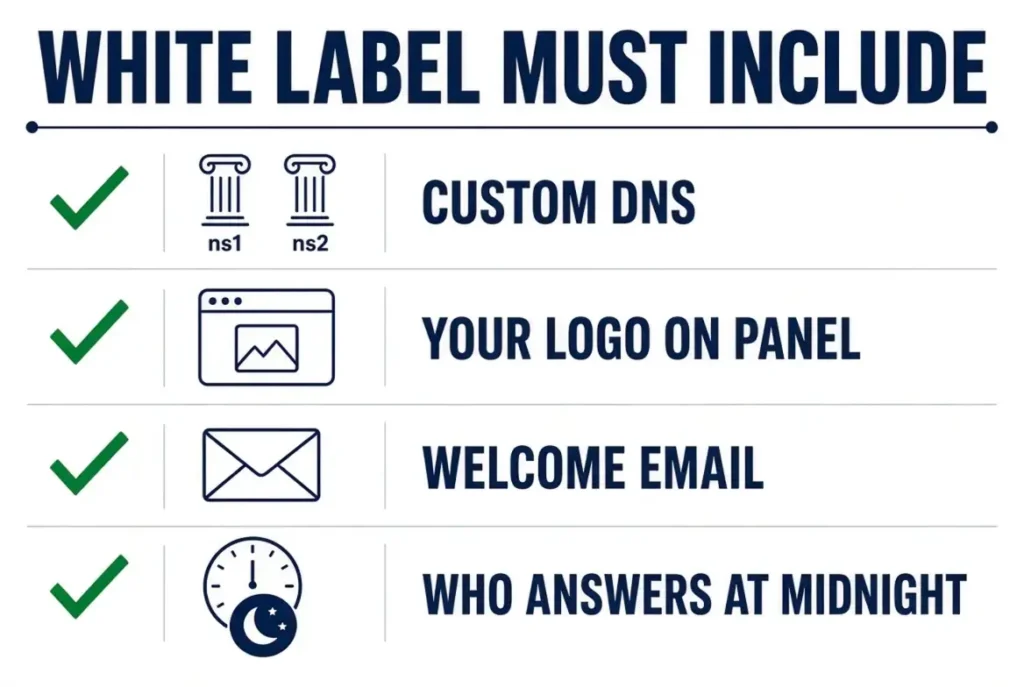 Checklist for white-label hosting: custom DNS, logo on the panel, welcome email, who answers at midnight