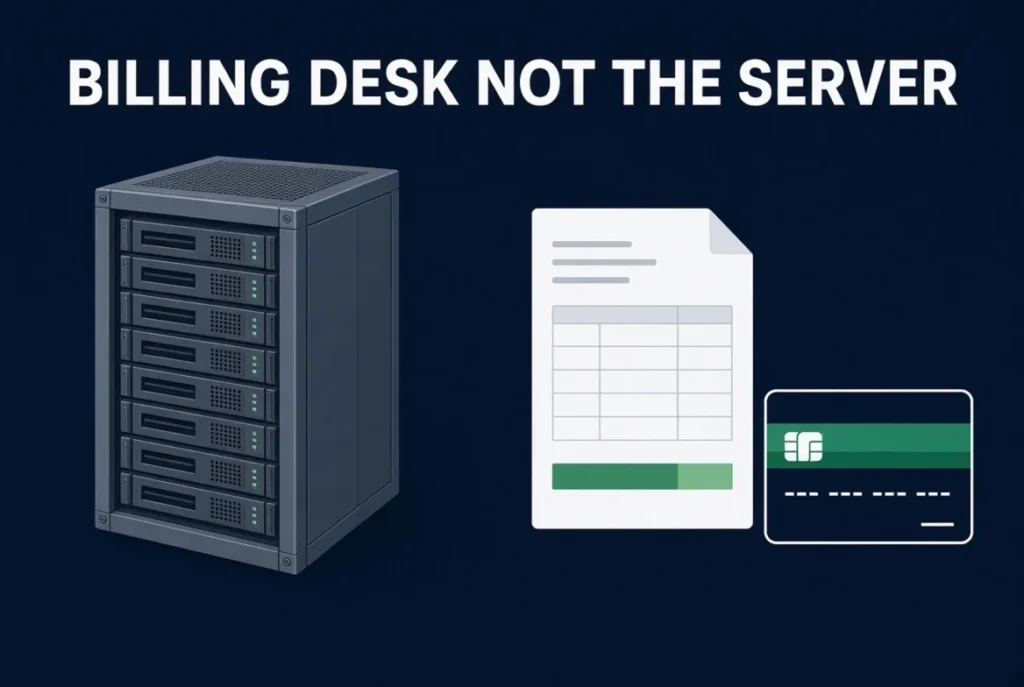 Server rack on the left and an invoice plus card on the right — billing desk, not the server