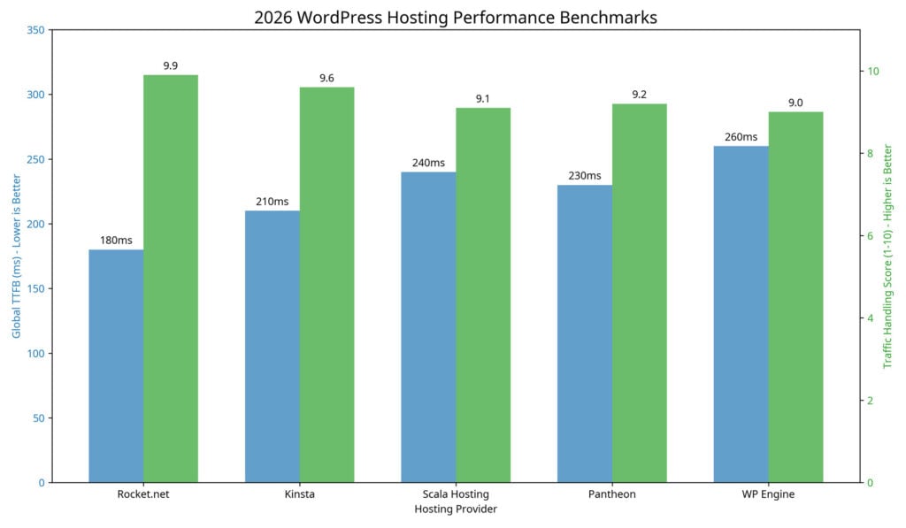 Best High-Traffic WordPress Hosting 2026: Tested by Traffic Tier 7 2026 WordPress hosting performance benchmarks comparing global TTFB and traffic handling scores for Rocket.net, Kinsta, and other providers