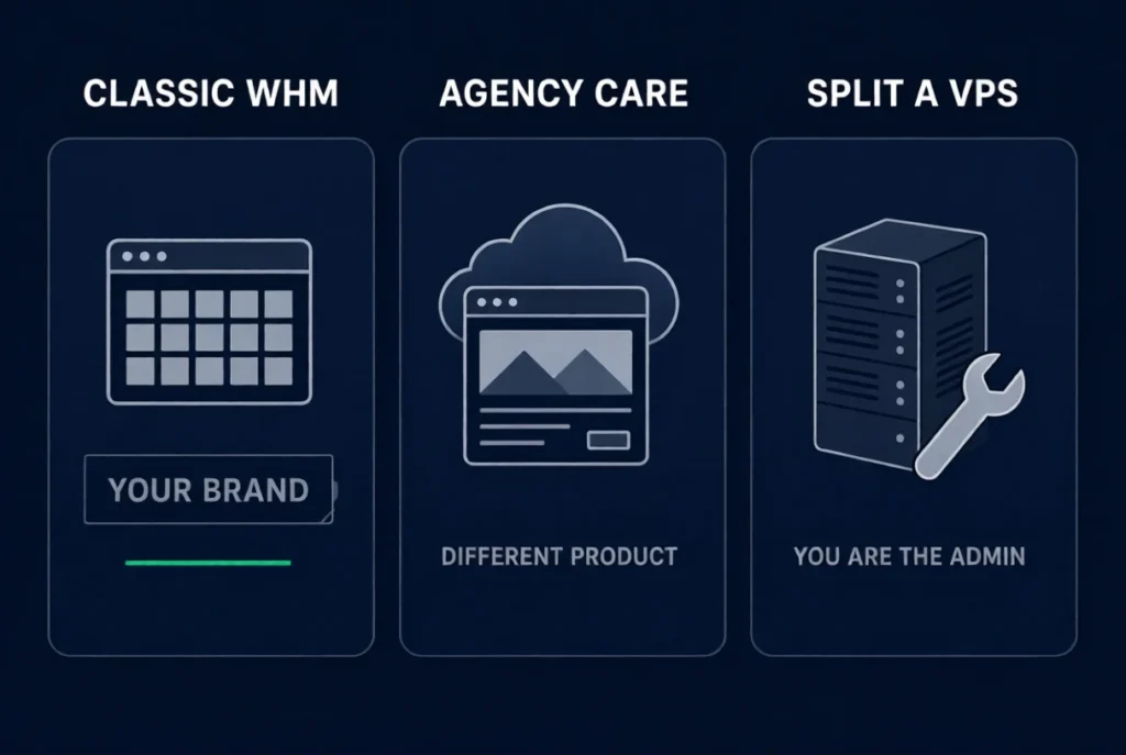 Three cards: classic WHM with your brand, agency care as a different product, and a VPS you administer