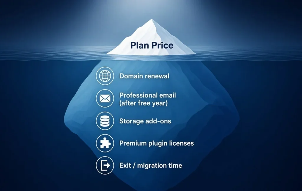 WordPress.com hidden costs iceberg showing domain renewal, professional email, storage add-ons, premium plugin licenses and migration time below the plan price