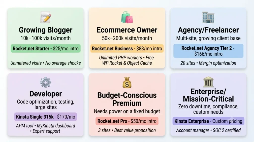 Rocket.net vs Kinsta 2026: Managed WordPress Host Comparison 8 Six persona recommendation cards showing which hosting is best for bloggers, ecommerce, agencies, performance-focused users, and enterprise sites