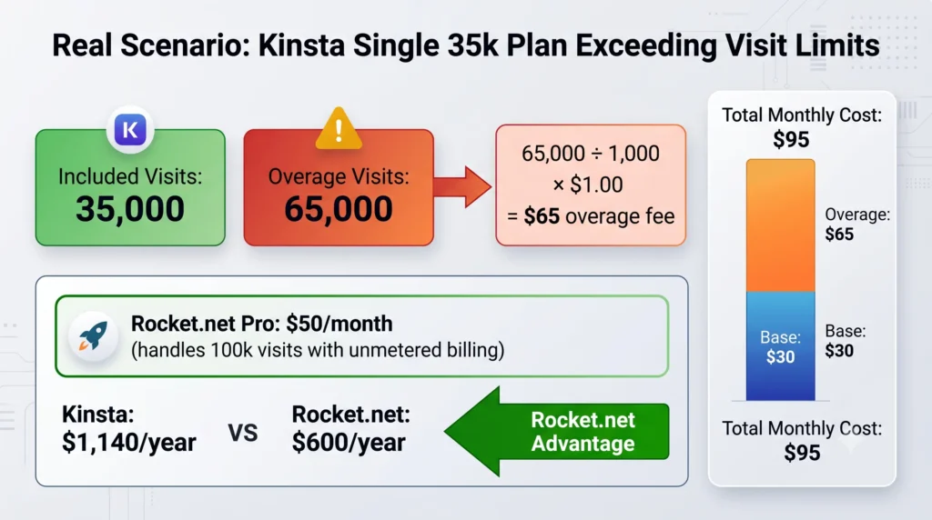 Rocket.net vs Kinsta 2026: Managed WordPress Host Comparison 3 Kinsta overage fee scenario: how exceeding visit limits impacts monthly costs compared to Rocket.net unmetered pricing