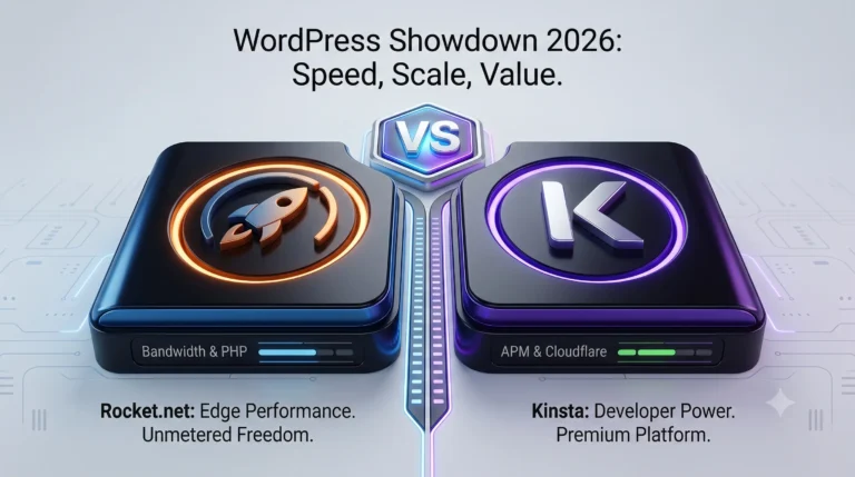 Rocket.net and Kinsta WordPress hosting dashboards comparison showing performance metrics, uptime tracking, and management interfaces side-by-side