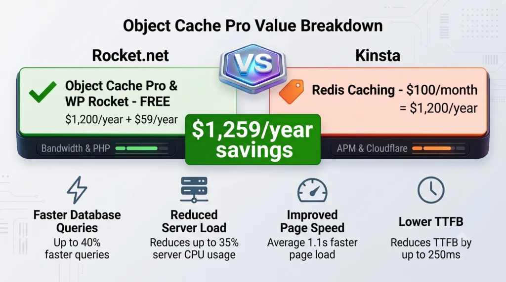 Rocket.net vs Kinsta 2026: Managed WordPress Host Comparison 7 Object Cache Pro value comparison: Rocket.net includes it free vs Kinsta charges $100/month for Redis caching