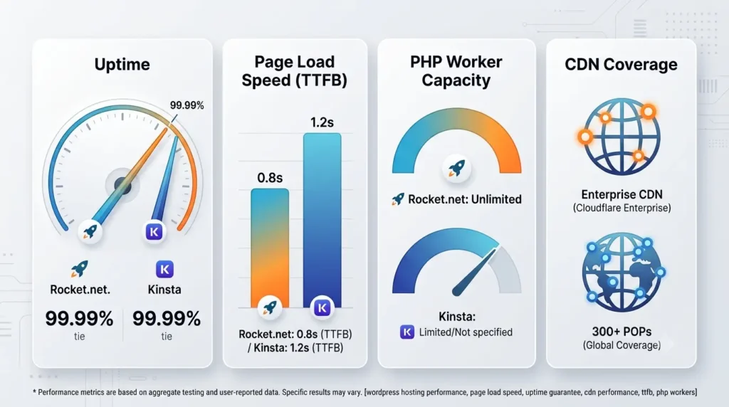 Rocket.net vs Kinsta 2026: Managed WordPress Host Comparison 5 Performance metrics comparison: uptime, page load speed, PHP workers, and CDN coverage for Rocket.net and Kinsta