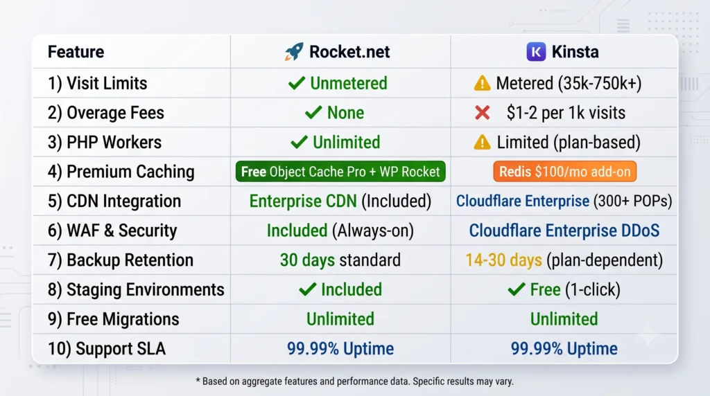 Rocket.net vs Kinsta 2026: Managed WordPress Host Comparison 6 Feature-by-feature comparison matrix of Rocket.net and Kinsta managed WordPress hosting showing 10 key technical features