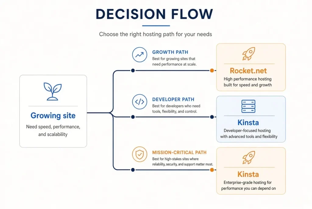 Decision flowchart for choosing Rocket.net or Kinsta based on site needs