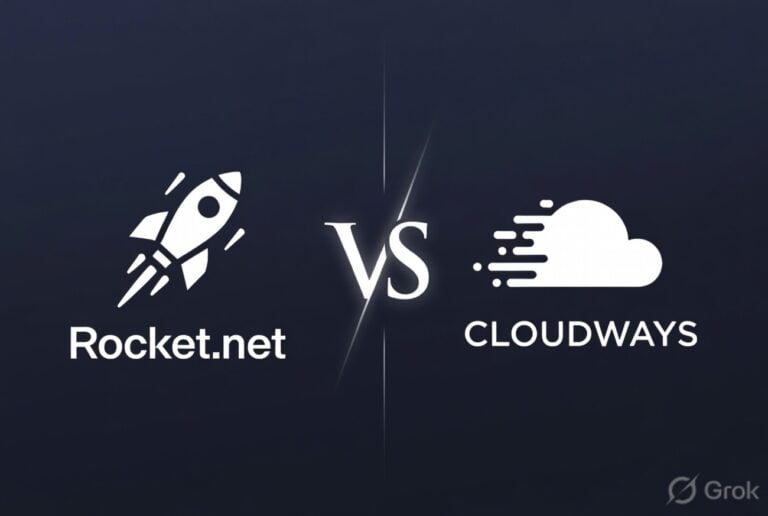 Rocket.net vs Cloudways managed WordPress hosting comparison header featuring a rocket and a cloud server