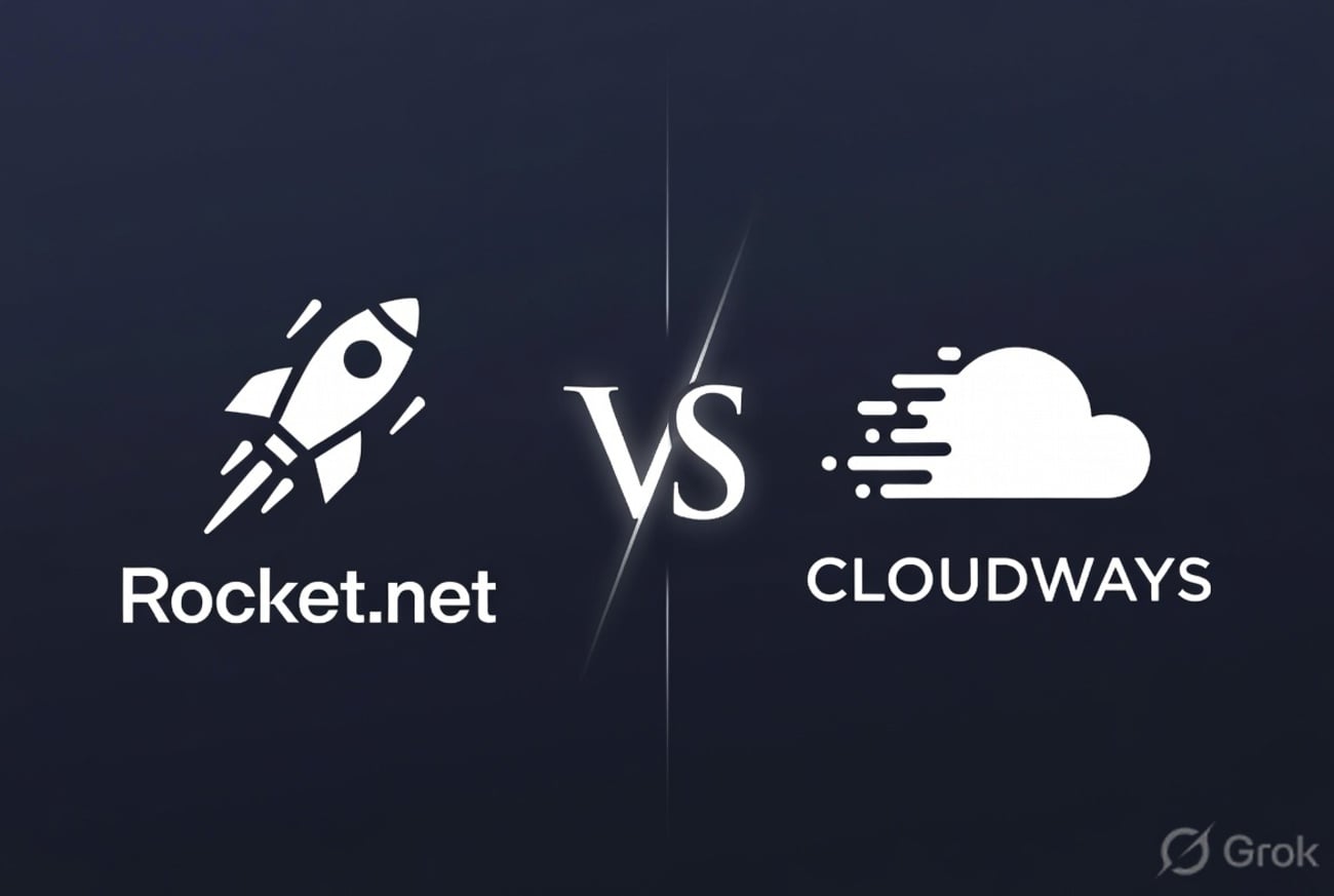 Rocket.net vs Cloudways managed WordPress hosting comparison header featuring a rocket and a cloud server