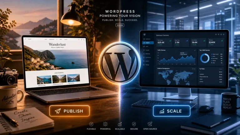 A futuristic split-screen comparison of a creative blog workspace and a modern data-driven corporate office with a 3D WordPress logo.