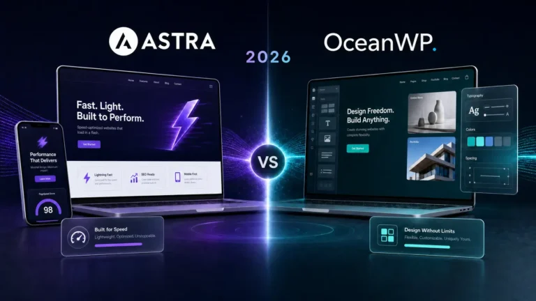 Neutral Astra vs OceanWP WordPress theme comparison visual with speed and customization cues