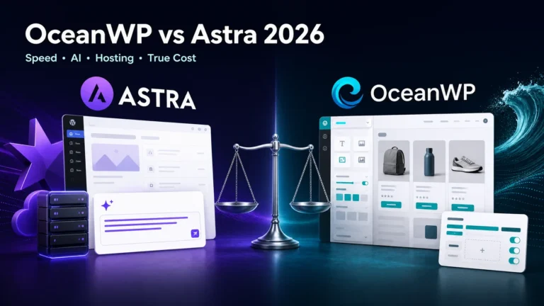 OceanWP vs Astra 2026 featured comparison showing speed, AI, hosting, and true cost