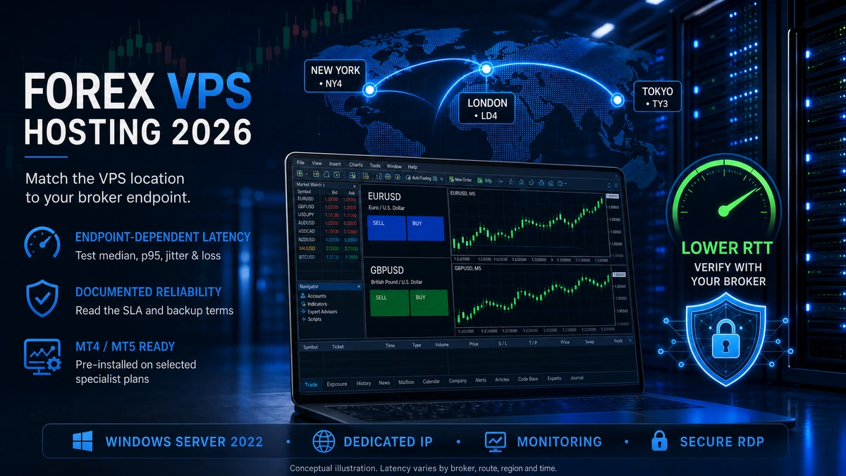 Forex VPS hosting infrastructure with global low-latency broker routes for MT4, MT5, and prop-firm trading