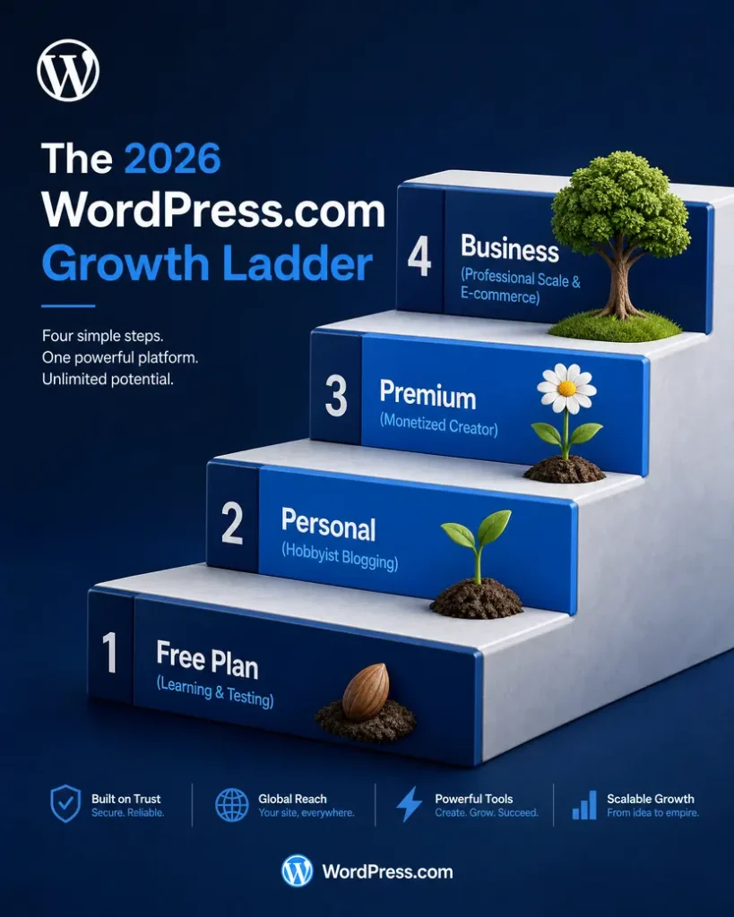 WordPress.com for Bloggers vs Business: Which Is Better in 2026? 2 The 2026 WordPress.com Growth Ladder showing the path from Free Plan to Business with icons and clean typography