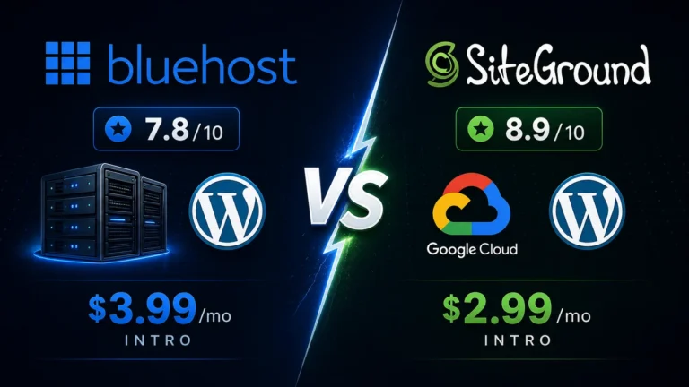 Bluehost vs SiteGround 2026 WordPress hosting comparison featuring value and performance themes