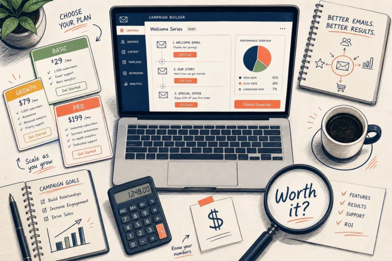 Flat-lay illustration of an email campaign builder on a laptop surrounded by pricing tier cards, a calculator, and a magnifying glass over the question 'Worth it?