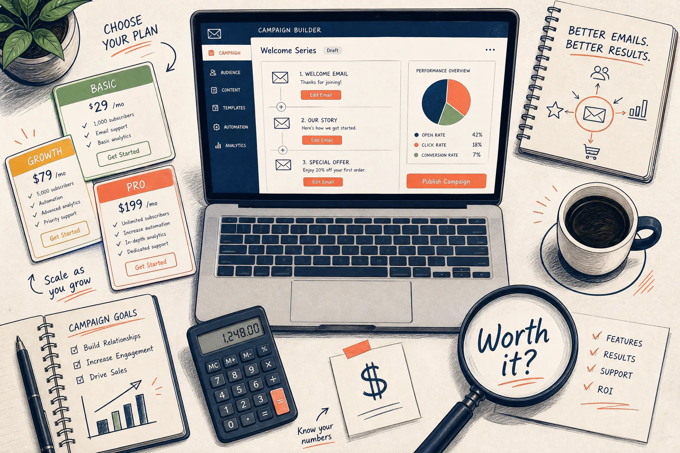 Flat-lay illustration of an email campaign builder on a laptop surrounded by pricing tier cards, a calculator, and a magnifying glass over the question 'Worth it?