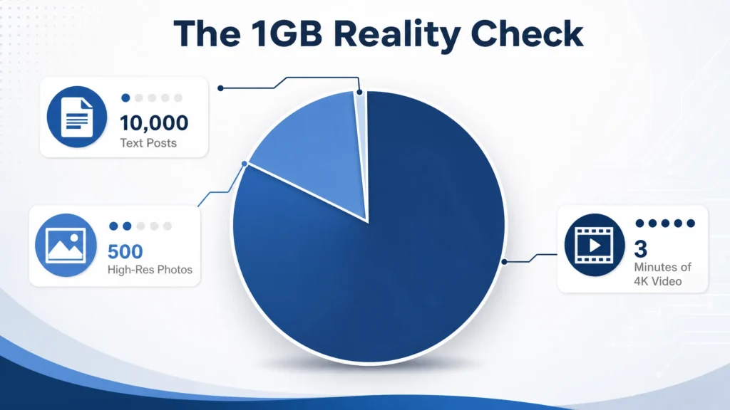breakdown of 1GB WordPress storage limits for photos and video