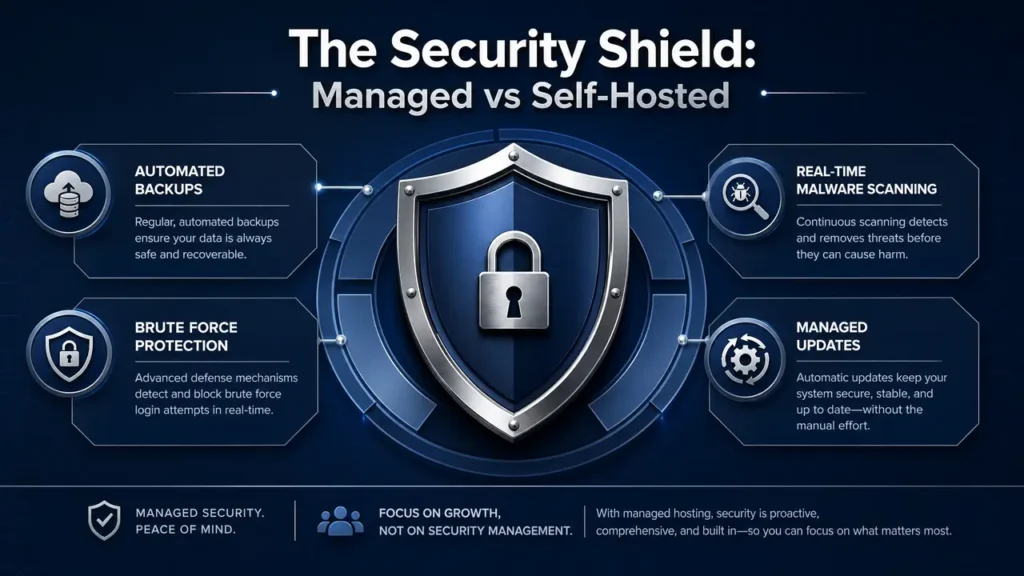 WordPress.com for Bloggers vs Business: Which Is Better in 2026? 3 A technical infographic showing the security shield of managed WordPress.com hosting with automated backups and malware scanning