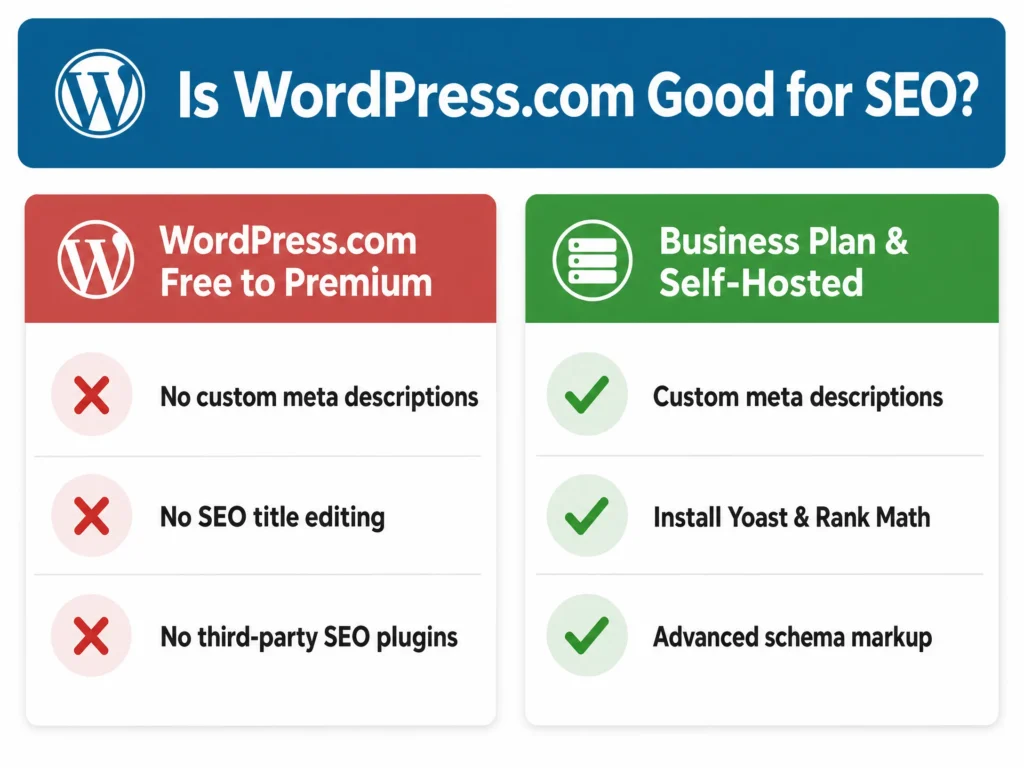 Is WordPress.com Safe, Legit & Good for Business in 2026? (Honest Review) 4 WordPress.com SEO comparison — free to Premium plans lack custom meta descriptions and SEO plugins; Business plan unlocks them