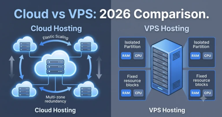 Side-by-side comparison of cloud hosting architecture (elastic, multi-zone) versus VPS hosting architecture (fixed, isolated partitions)