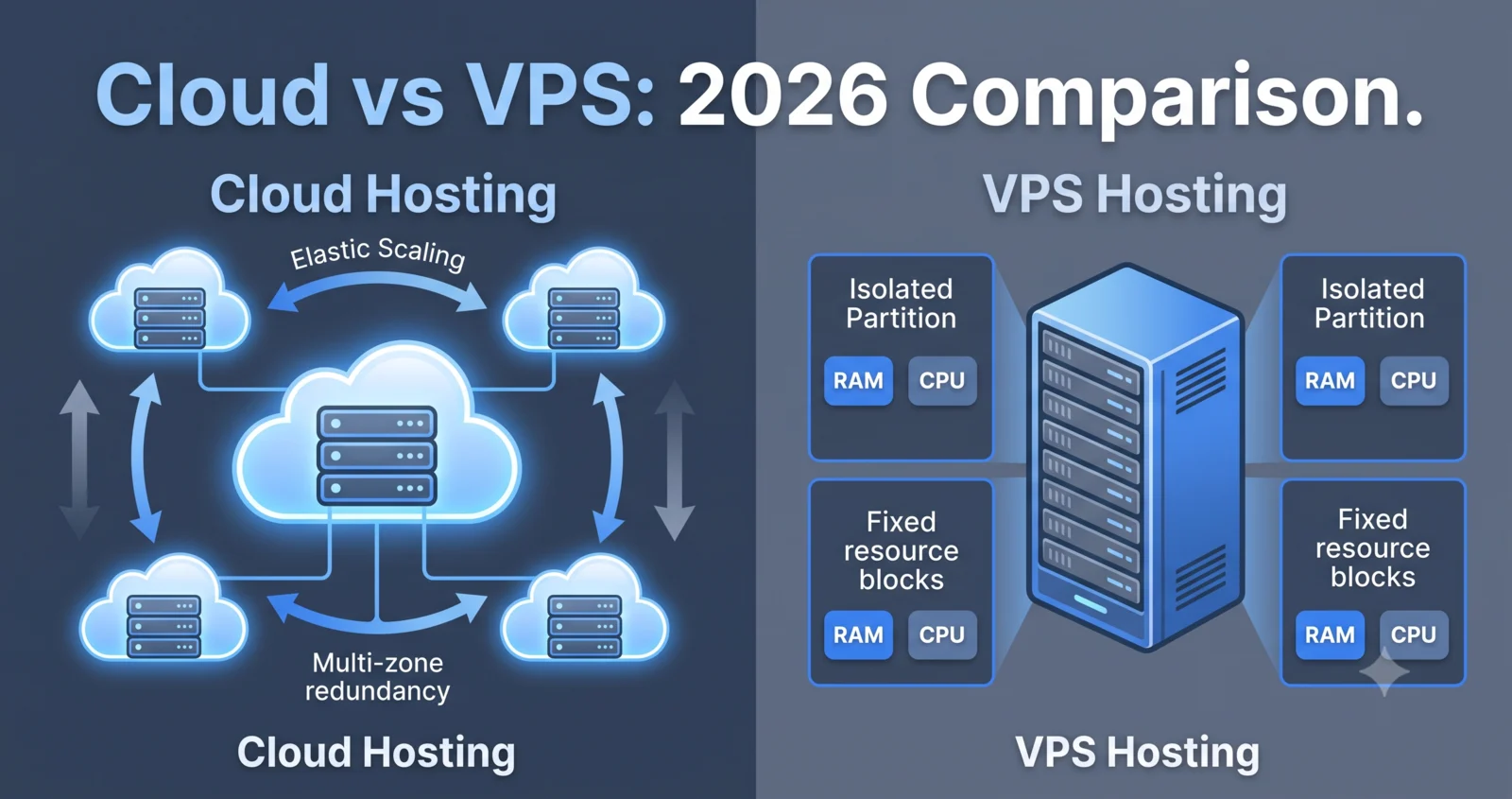 Side-by-side comparison of cloud hosting architecture (elastic, multi-zone) versus VPS hosting architecture (fixed, isolated partitions)