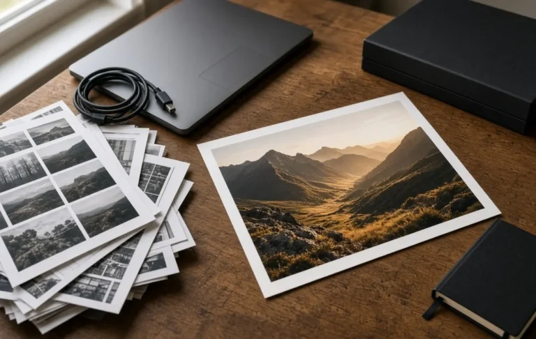 Photographer desk with contact sheets on the left and one clean landscape print on the right
