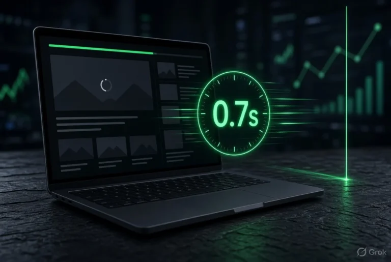 Laptop showing a lightweight WordPress blog theme loading in 0.7 seconds against a one-second speed barrier