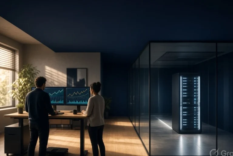Small trading team at a sunlit studio desk, with an isolated VPS server rack in a glass room beside them