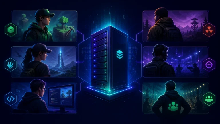 Gaming VPS hosting dashboard showing global data center network with real-time latency metrics and player management controls