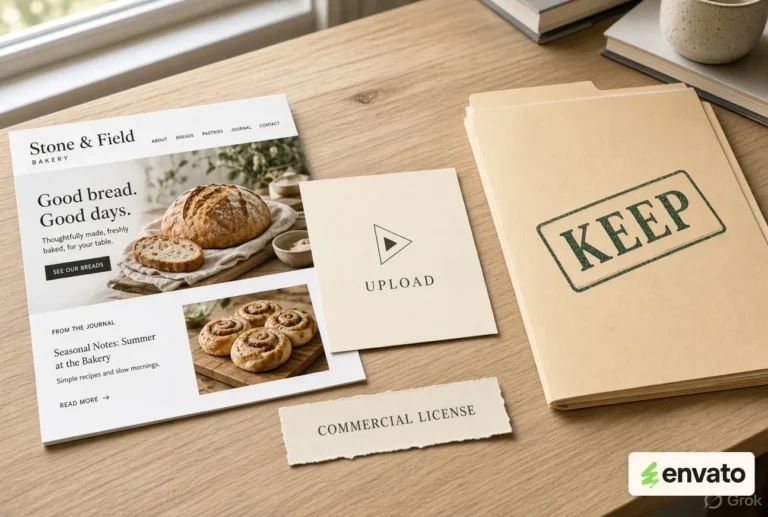 Client bakery site print, regular-upload card, and KEEP folder with a commercial license slip, Envato Elements license