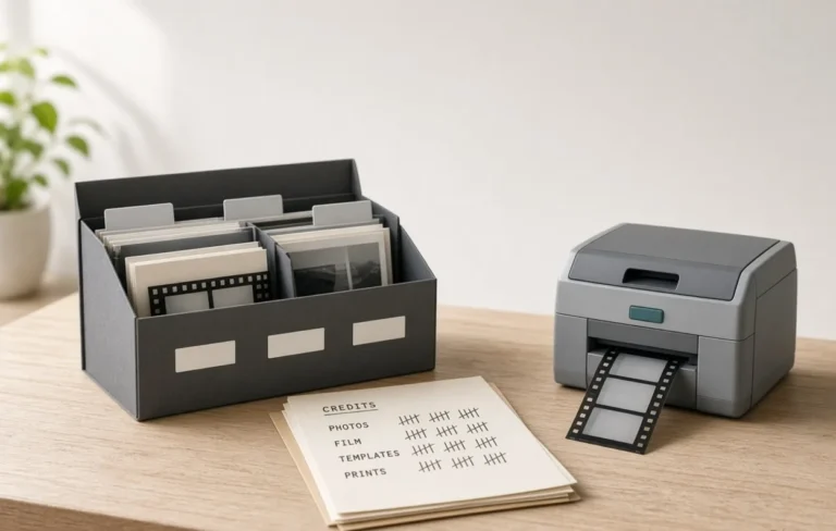 Warehouse box of stills and film next to a small printer outputting a short film strip and a paper credit ledger, Envato Elements AI Video Generator credits