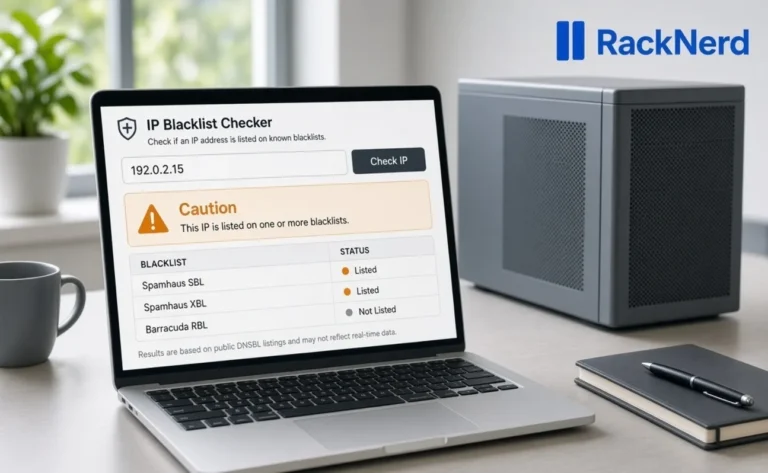 Laptop showing a blocklist check with amber caution beside a small server, RackNerd logo, as a indicator for Racknerd alternatives