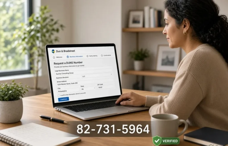 Small business owner filling out the free DUNS number application form on a laptop