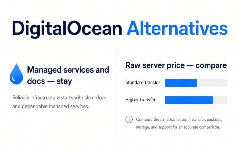 DigitalOcean alternatives 2026 — stay for managed services and docs, or compare raw server price and transfer with Hetzner and Vultr