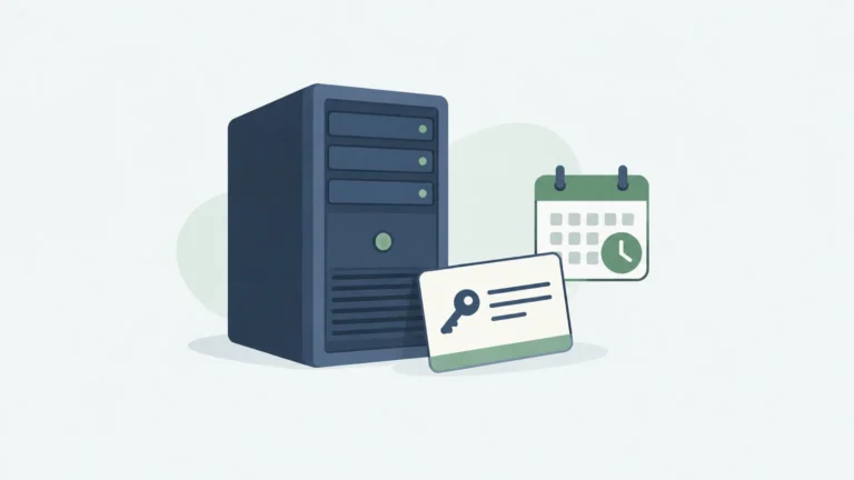 A server beside a license key card and trial calendar symbol