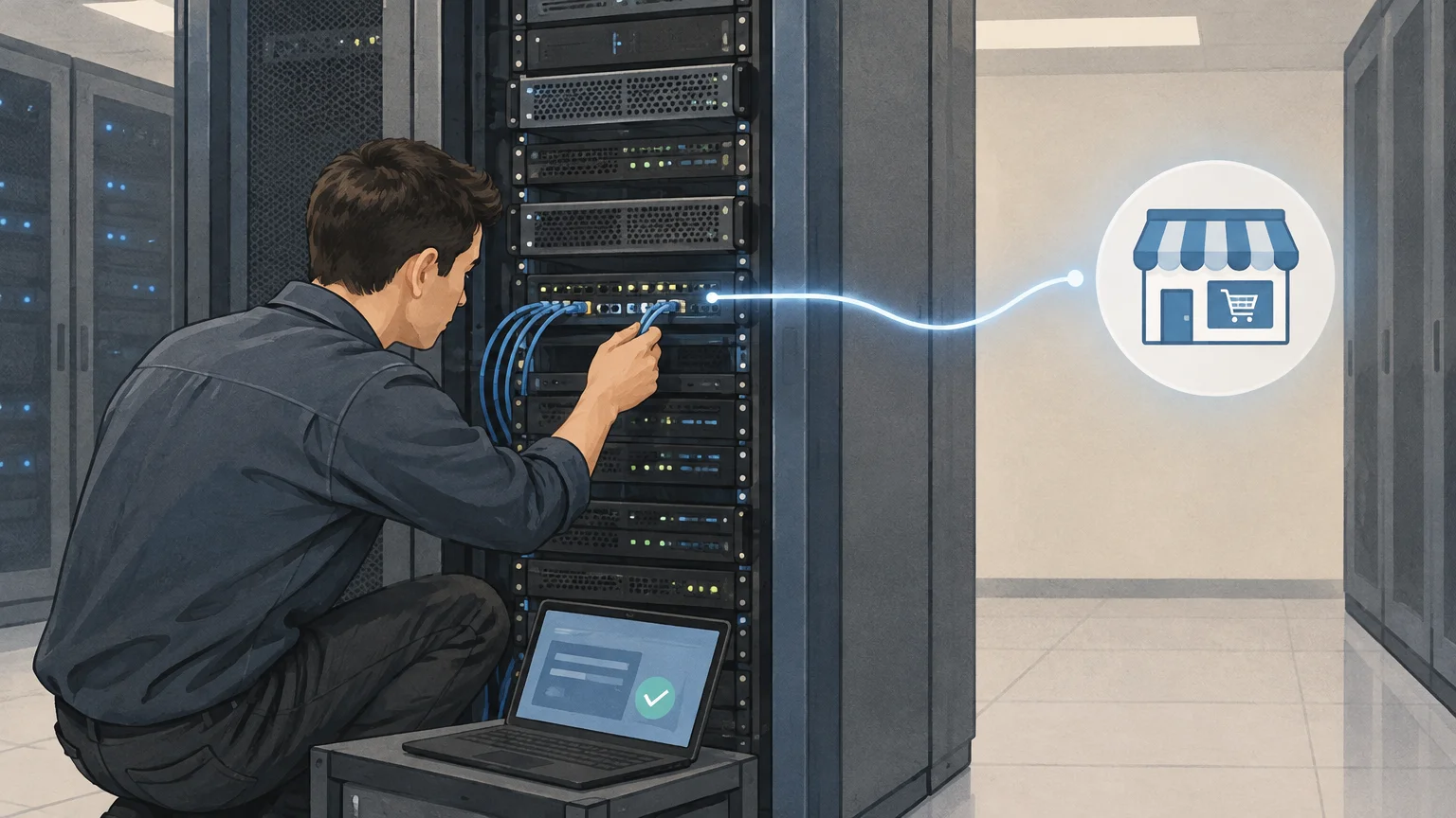 Illustration of server infrastructure supporting an online store
