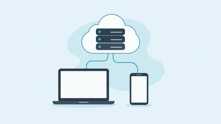 Illustration of web and mobile apps connected to cloud hosting