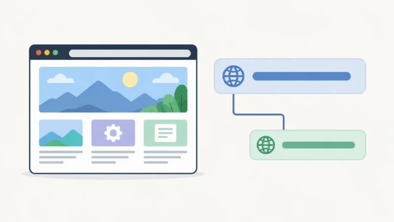 Editorial illustration of a website address and subdomain choices
